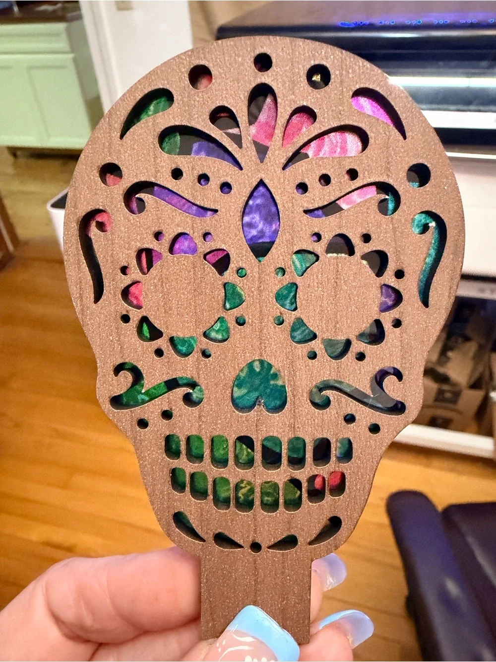 Hand crafted by me wood Sugar Skull Nightlight made to order - Picture 3 of 4